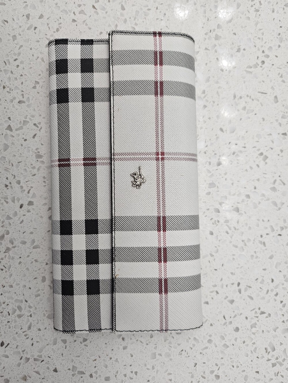 Burberry White Plaid Trifold Card & Key Holder with Black and Burgundy Lines